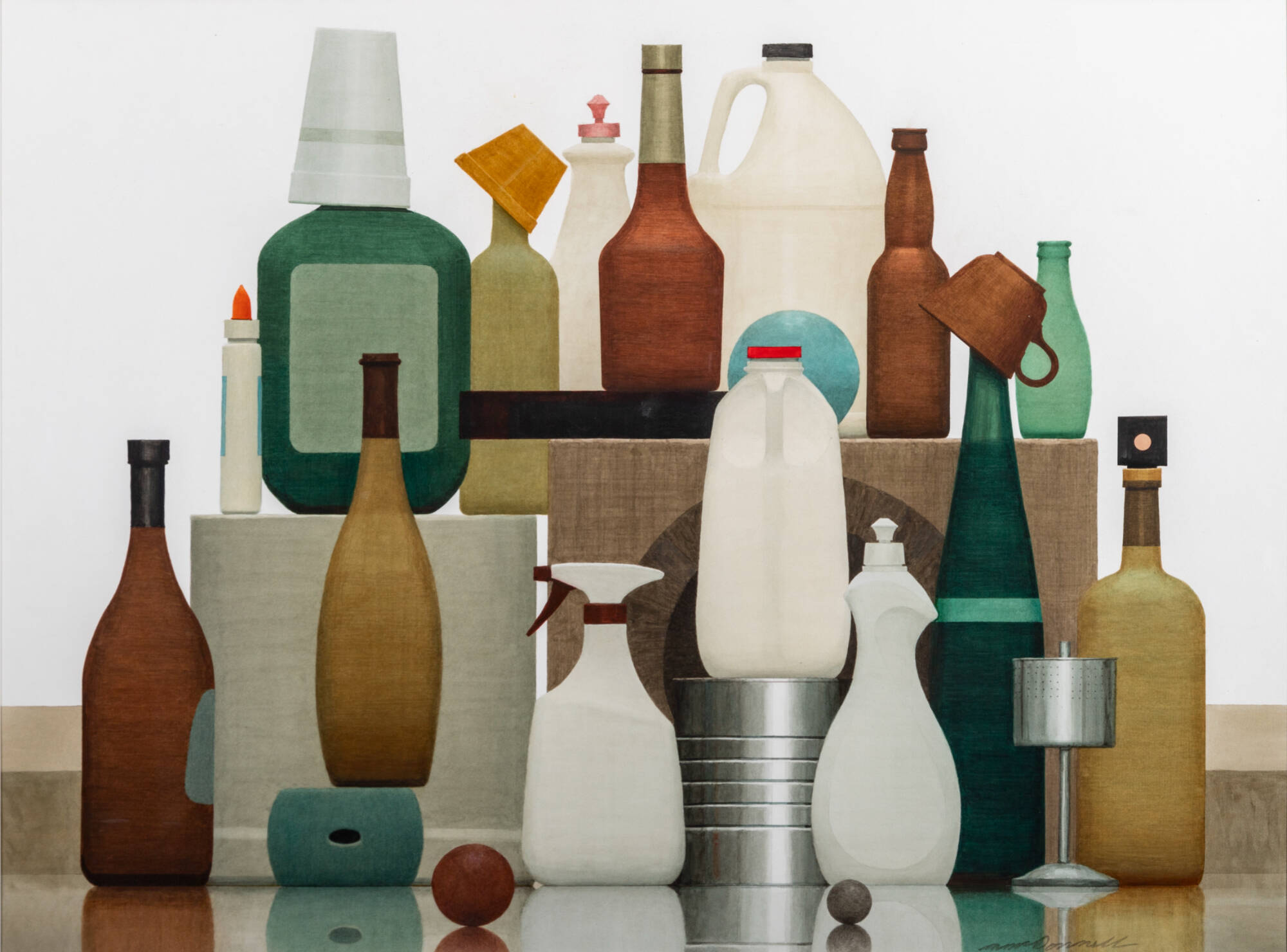 Watercolor painting of lots of bottles stacked on different risers.